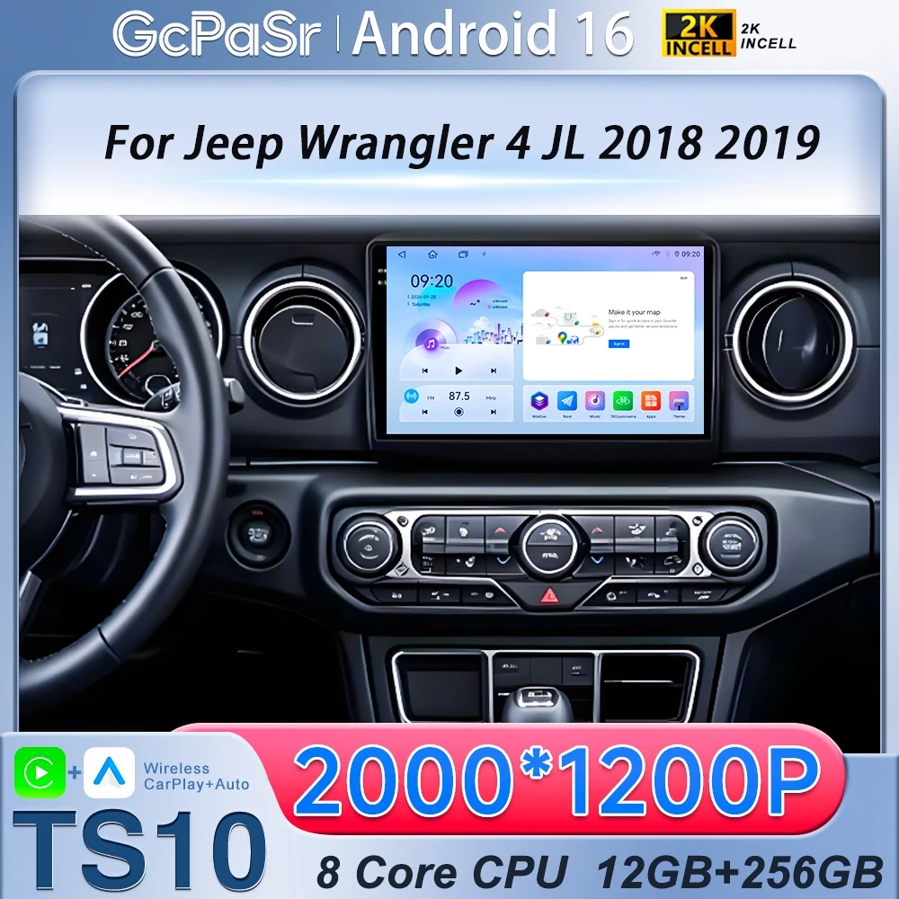 Car Radio For Jeep Wrangler 4 JL 2018 2019 Android 16 Carplay GPS Stereo 2K Screen Video Multimedia Player RSD Bluetooth 5G Wifi