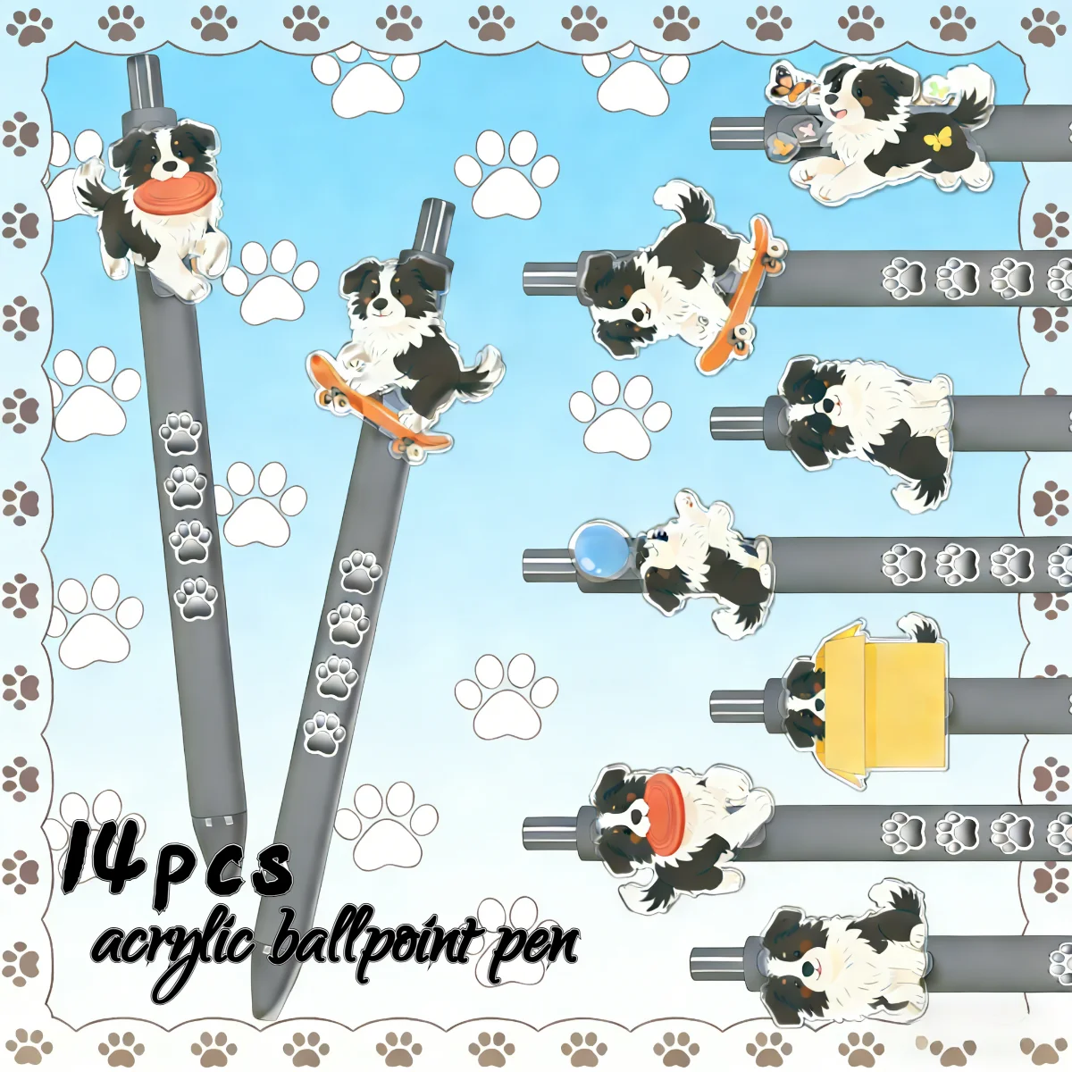 

Набор из 14 акриловых шариковых ручек с дизайном домашних животных (бордер-колли), портативные канцелярские принадлежности для офиса и учебы, креативный дизайн