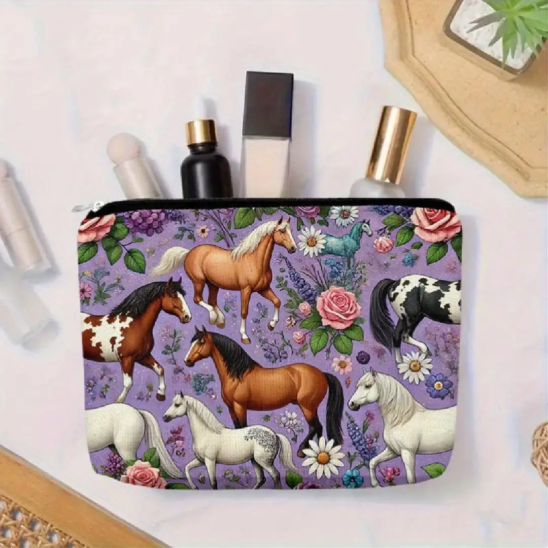 Un beau sac de maquillage cheval et fleur – jolie pochette multifonctionnelle à fermeture éclair pour femmes, sac de rangement de bijoux