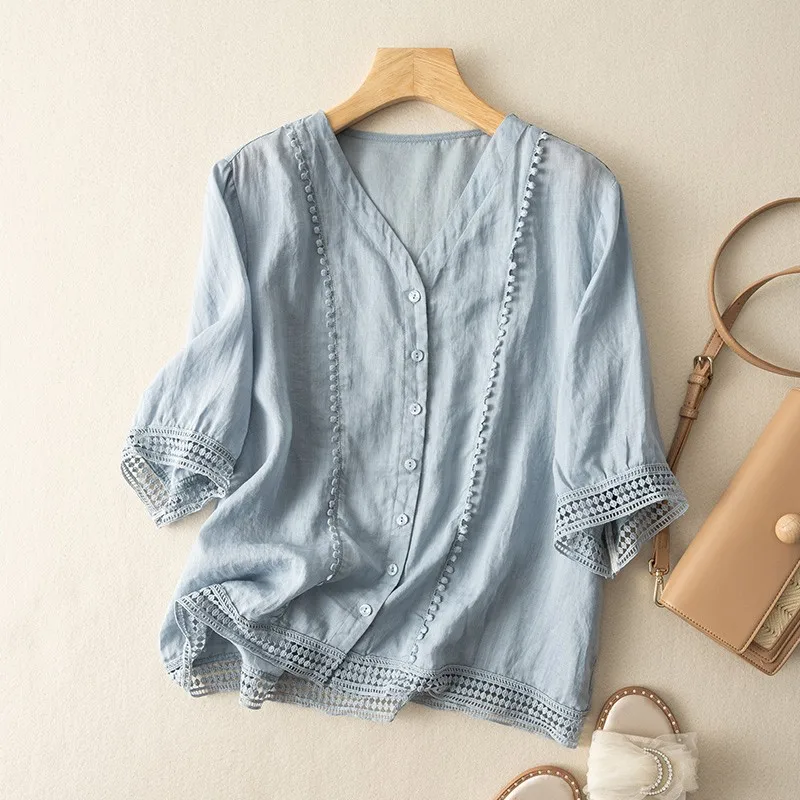 2023 Summer New Arts Style Women Short Sleeve Loose Blouse Tassel Design Single Breasted Cotton Linen V-neck blouse Tops P67