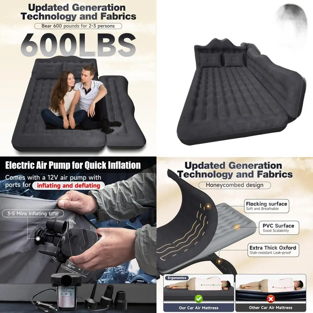 Inflatable SUV Car Camping Bed with Air Pump and 2 Pillows for Back Seat Travel Comfort