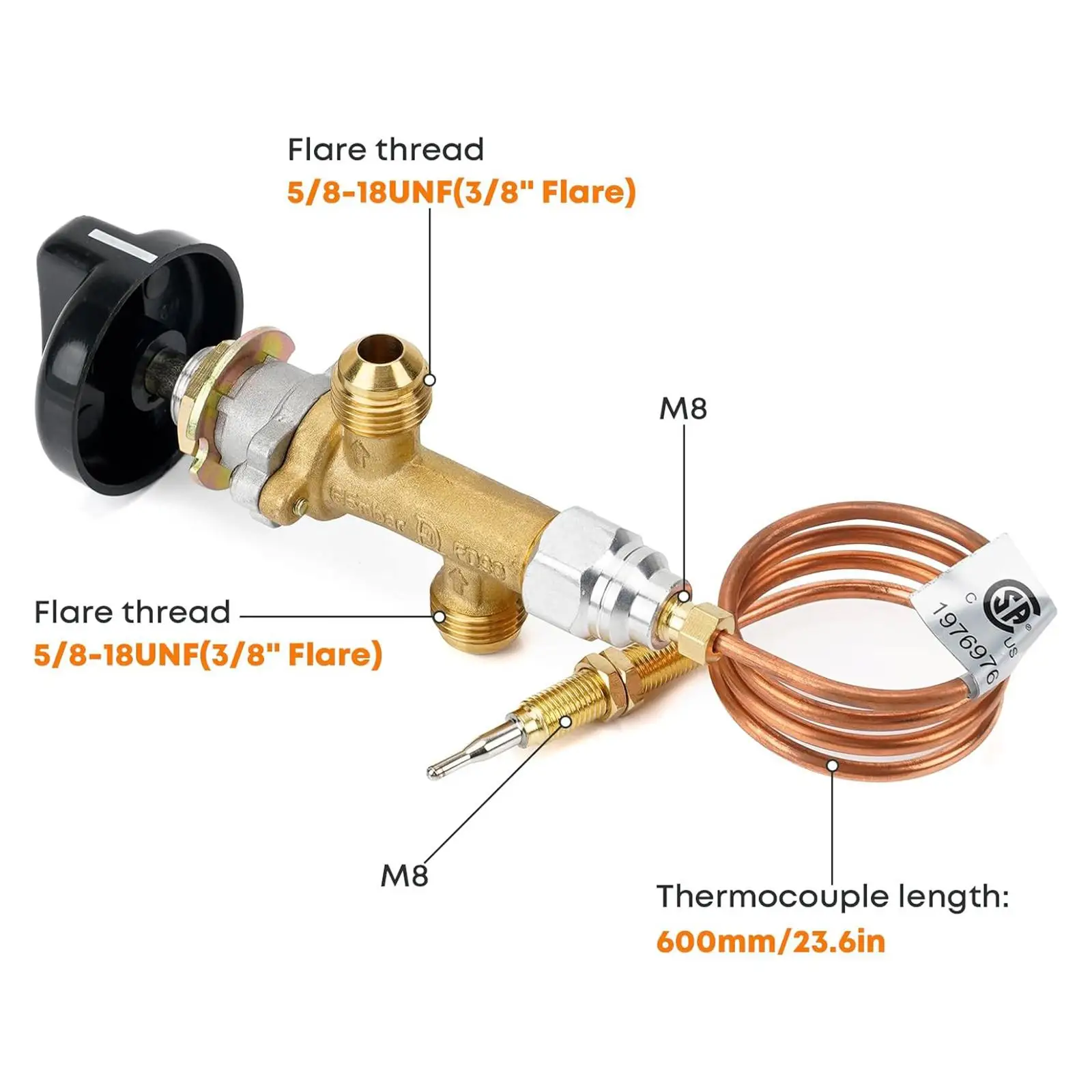 Copper Gas Fire Pit Check Valve Safety Thermocouple Knob Kit Fireplace Control Valve Set for Low Pressure Applications