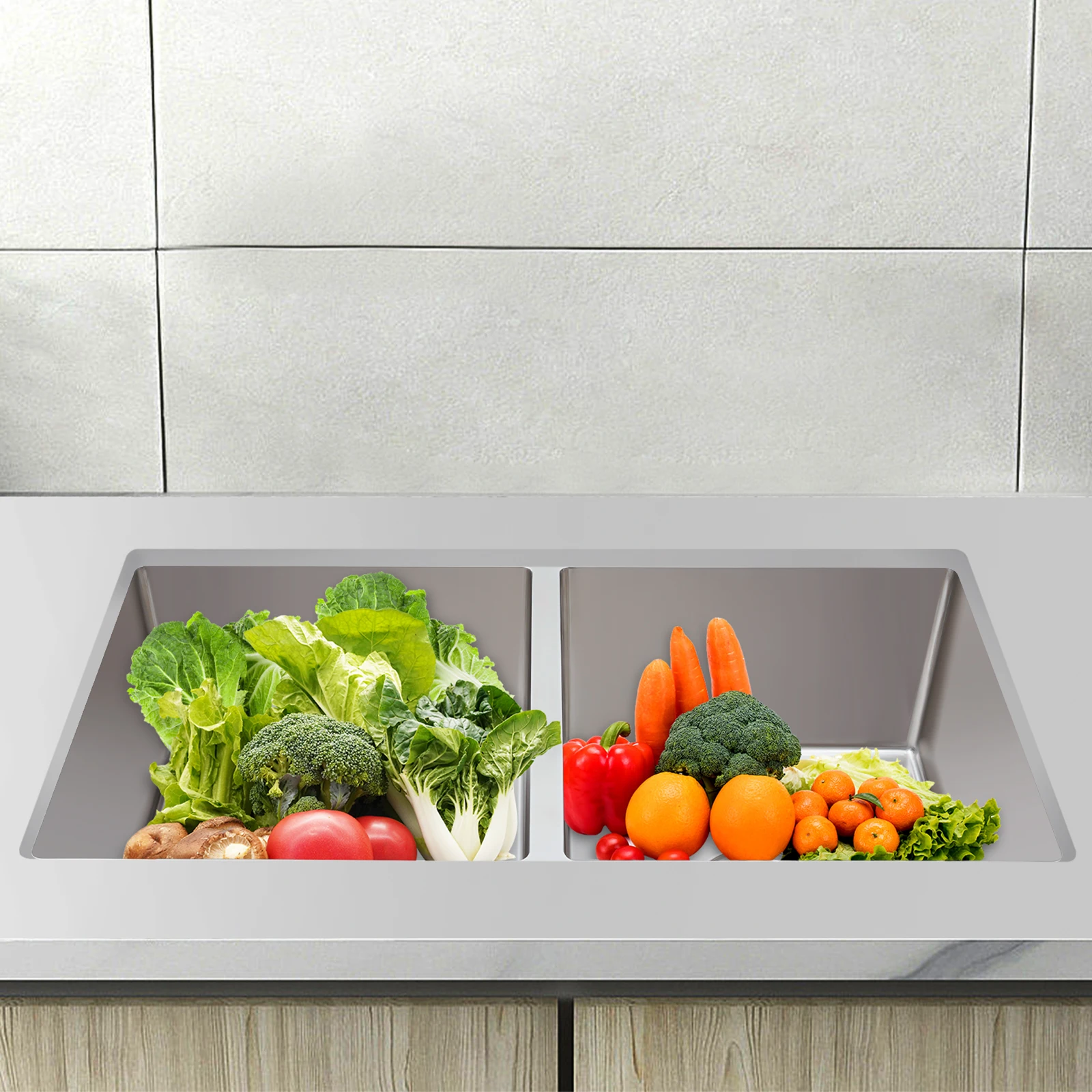 

Dual Basin Kitchen Sink Brushed Finish 3mm Thickened Panel Leak-Proof Sink with Acoustic Insulation for Quiet Cooking