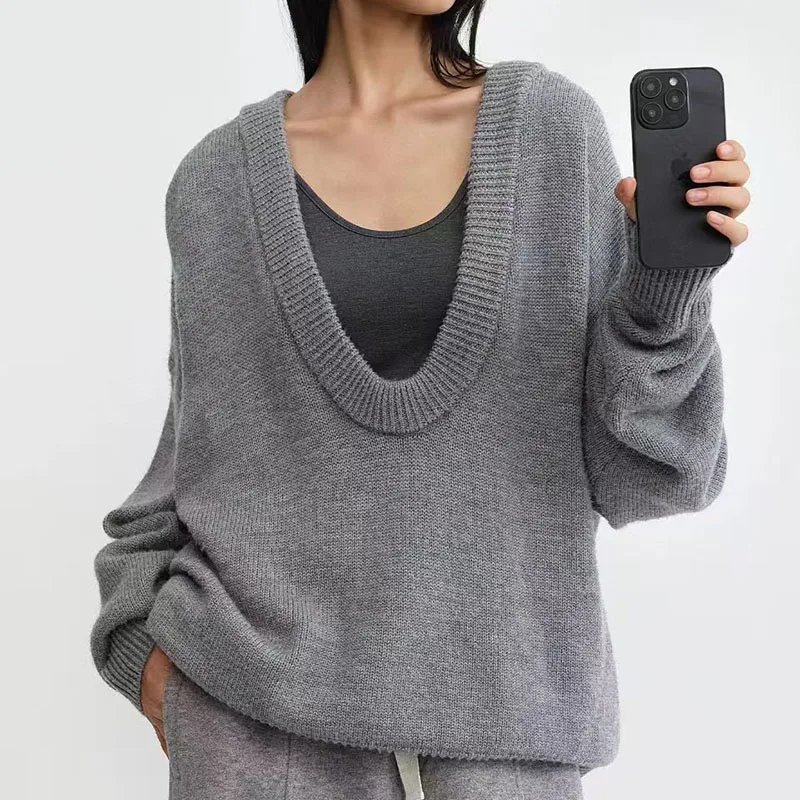 

Women's Deep V-Neck Oversized Sweater, Casual Versatile Pullover, High-Quality Knit Top, 2026 Spring New Arrival, Y2K Style