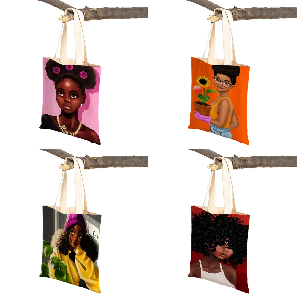 Black Lady Canvas Tote Handbag Reusable Fashion Cartoon Beautiful African Girl Double Print Casual Shopping Bag for Women