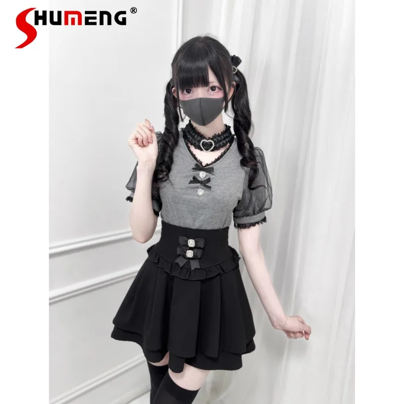 Rhinestone Heart Collar V-Neck Top Knitted Short Sleeved Shirt Mass-Produced Japanese Lolita SC Y2k Blusas Pullover For Women
