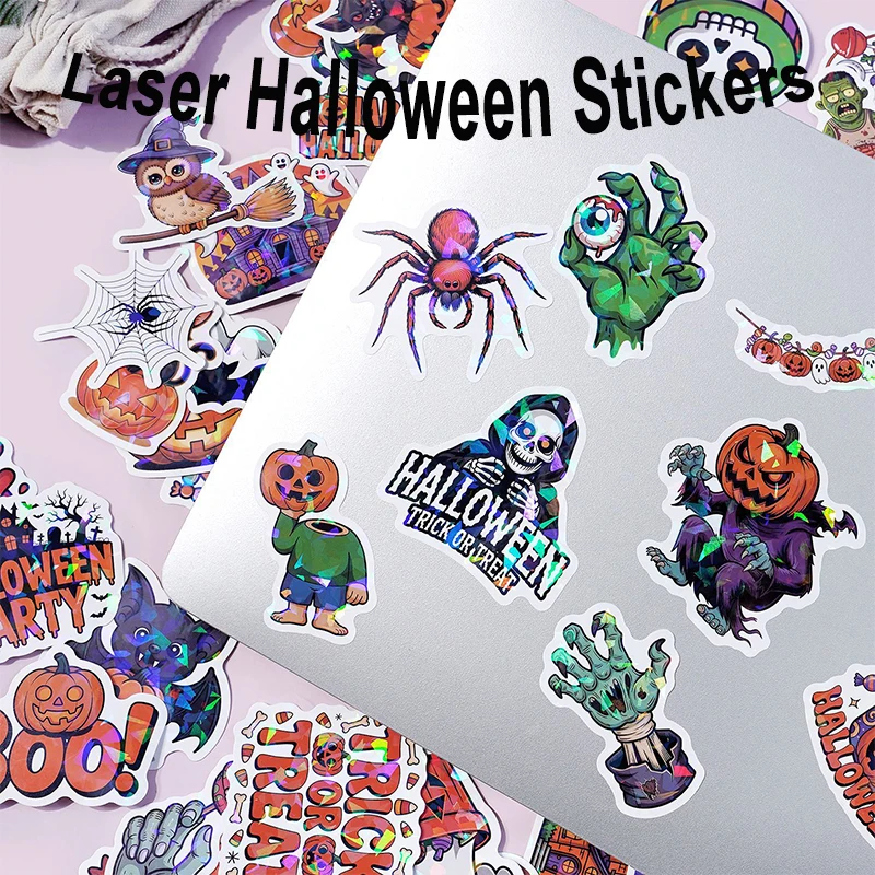 50 шт., наклейки с тыквой на Хэллоуин, водостойкие лазерные крутые наклейки с черепом ужасов для чашки воды, украшения для ноутбука, чемодана, подарок