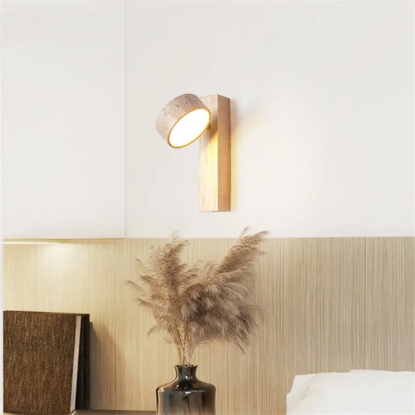 Cream wind log marble wall lamps LED bedroom bedside light with pull switch rotating Nordic Japanese wabi-sabi sconces lights