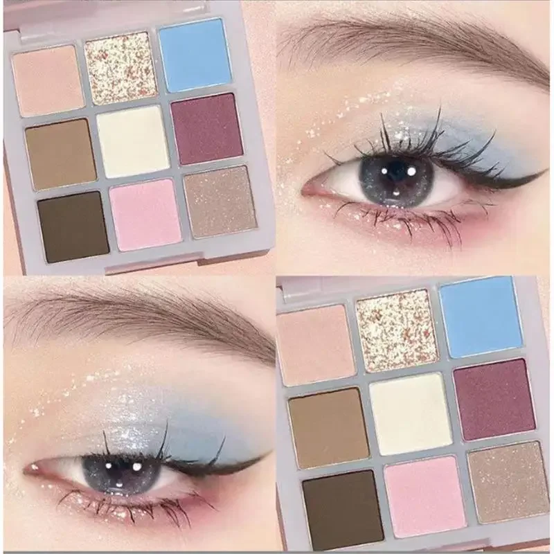 Paleta de sombras de ojos de nueve colores, rosa, perlado, mate, brillo, sombra de ojos brillante, maquillaje de ojos de larga duración