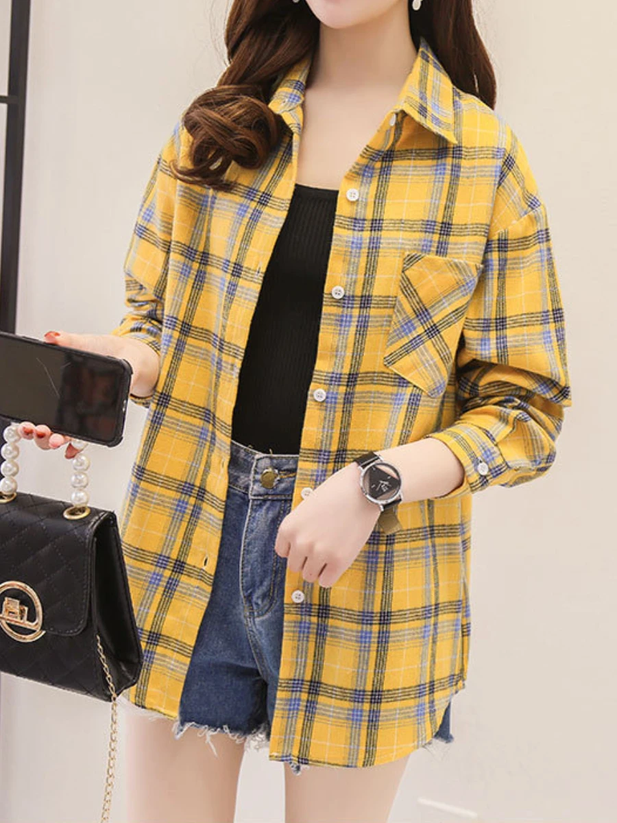 Cotton Plaid Shirt Women\'s Korean Loose Long Sleeved Retro College Style Thin Jacket Female Clothing All Seasons Tienda Traf