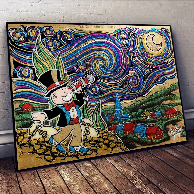 Alec Monopoly and Rachie Starry Sky Art Canvas Painting Monopoly Dollars Money Posters Cartoon Wall Art for Living Room Decor