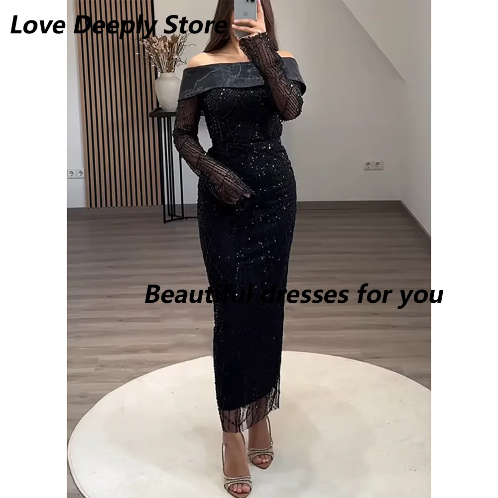 

Black Sheath Evening Dress Customized Off-The-Shoulder Long Sleeves Ankle-Length Column Charmeuse Prom Dresses Formal Party Gown