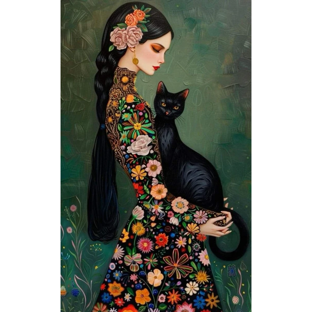

500/1000/1200/2000 PCS Jigsaw Puzzles Vintage Women and Black Cat Family Activity Games DIY Puzzle for Bedroom Home Decor