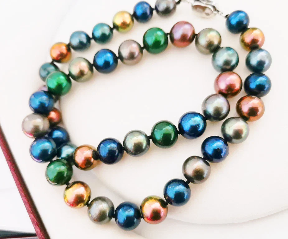 17"10-12mm south sea Tahitian genuine black peacock green multic pearl necklace
