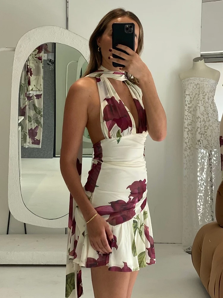 Articat sexy pendurado colarinho dupla camada impresso vestido feminino sem costas cachecol festa vestido de noite verão 2025 férias beachwear