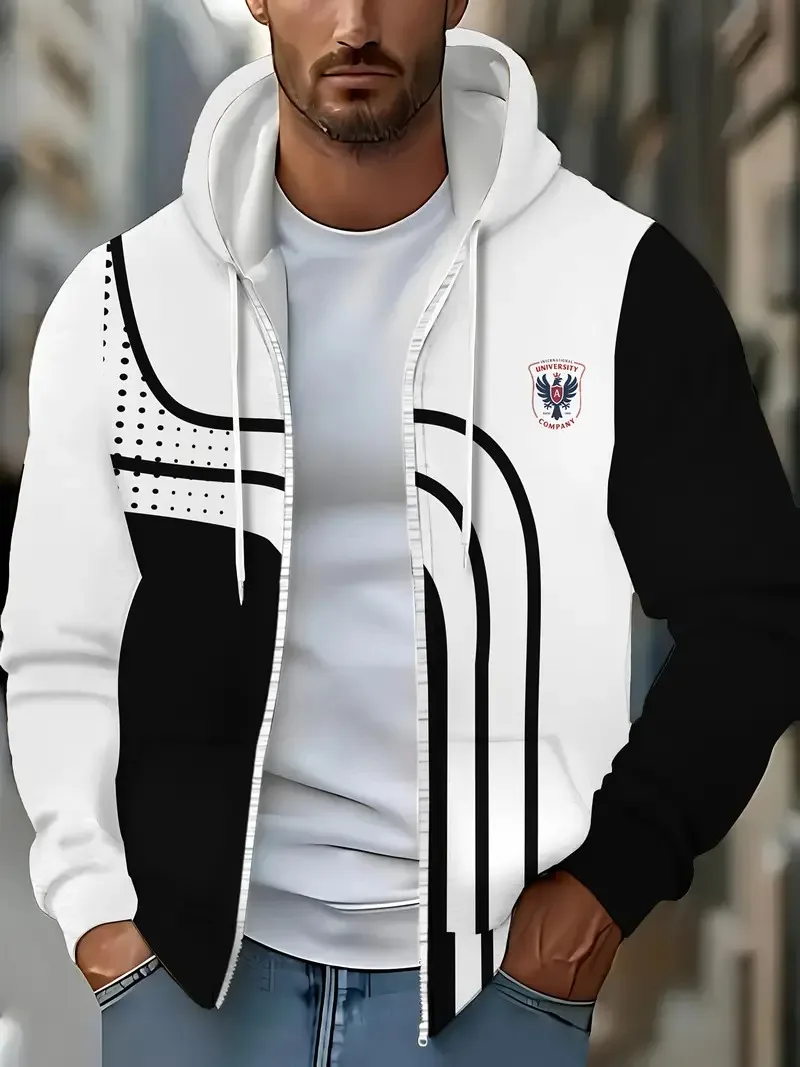 

Men's polka dot black and white line long sleeved zipper hooded casual autumn winter outdoor jacket y2k zipper men hooded shirt