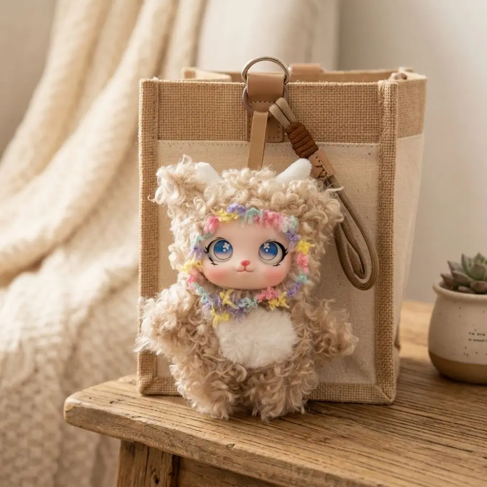 Fluffy Rabbit Keychain Soft Vinyl Face Lint‑Resistant Cute Curly Rabbit Charm Sparkling Big Eyes Skin-Friendly