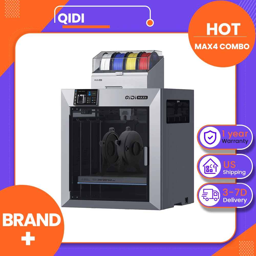 QIDI Max4 Combo 3D Printer, Up to 16 Colors, Auto Filament Switching, 65℃ Filament Drying, CoreXY System, 800mm/s Speed, 370℃ High-Temp, 390×390×340mm Build Volume, AI Camera, Auto Leveling - US Plug