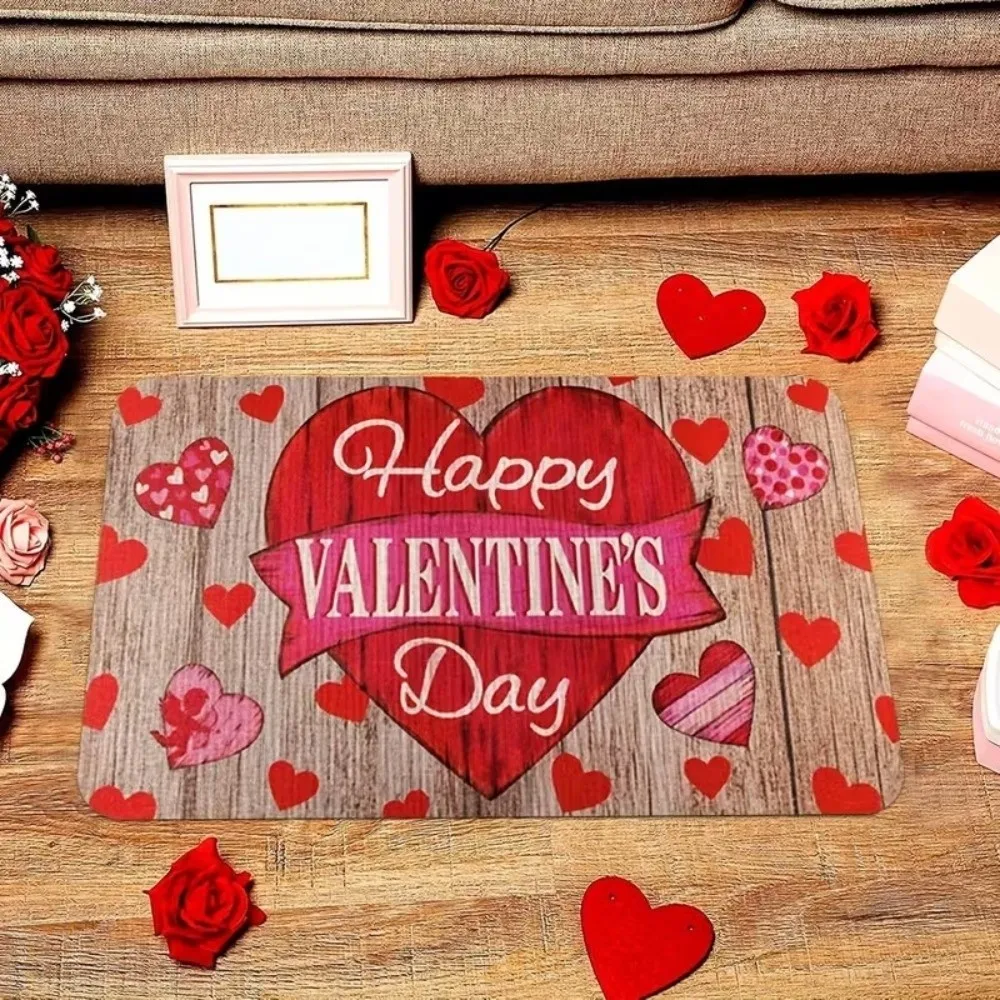 Weaving Texture Valentine Day Floor Mat Quick Dry Soft Romantic Heart Anti Slip Mat Convenient Beautiful Rose Door Mat