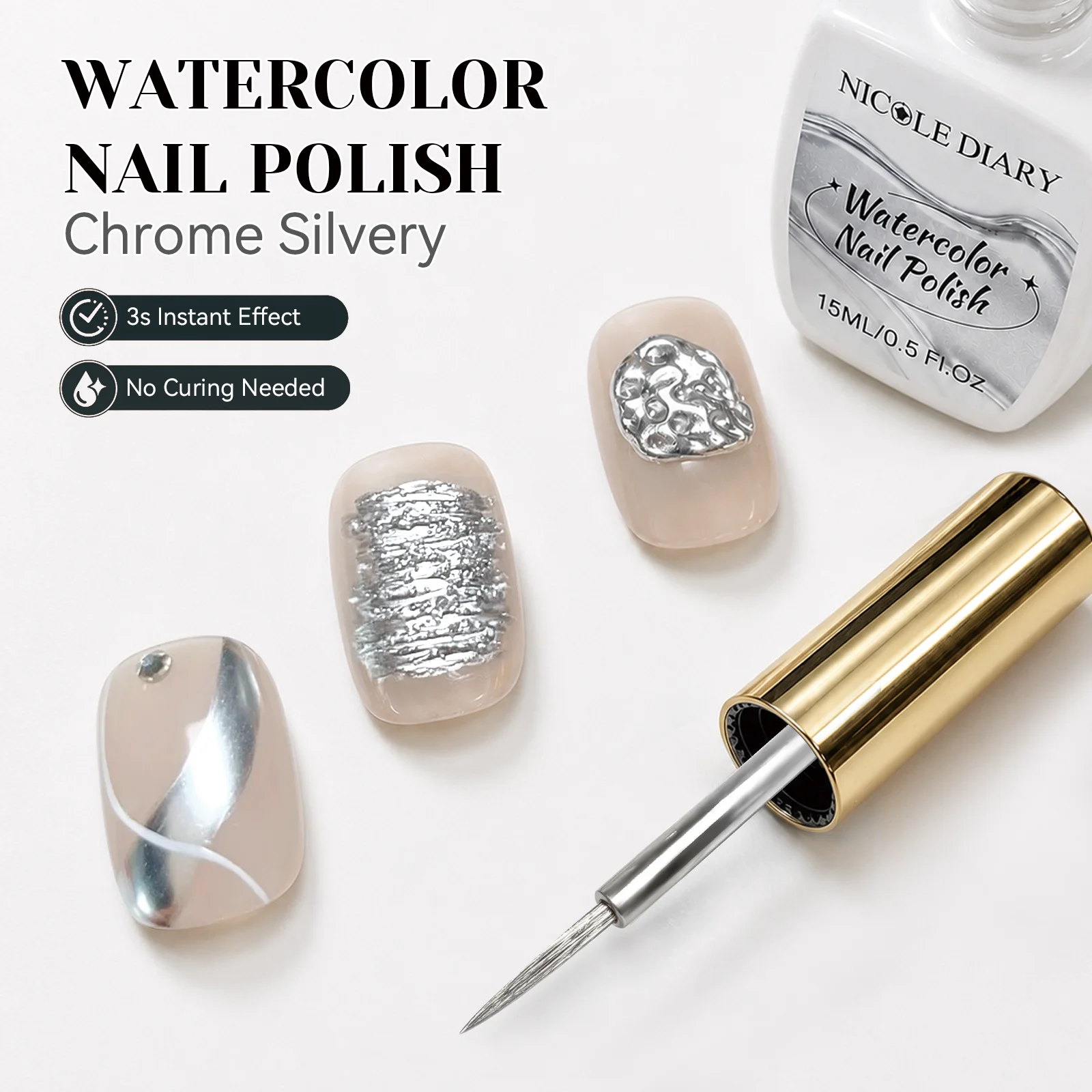 NICOLE DIARY 15ml Silver Watercolor Nail Polish Mirror Metallic Chrome Marble Blending Ink Self‑Dry Quick Drying Nail Art Liquid