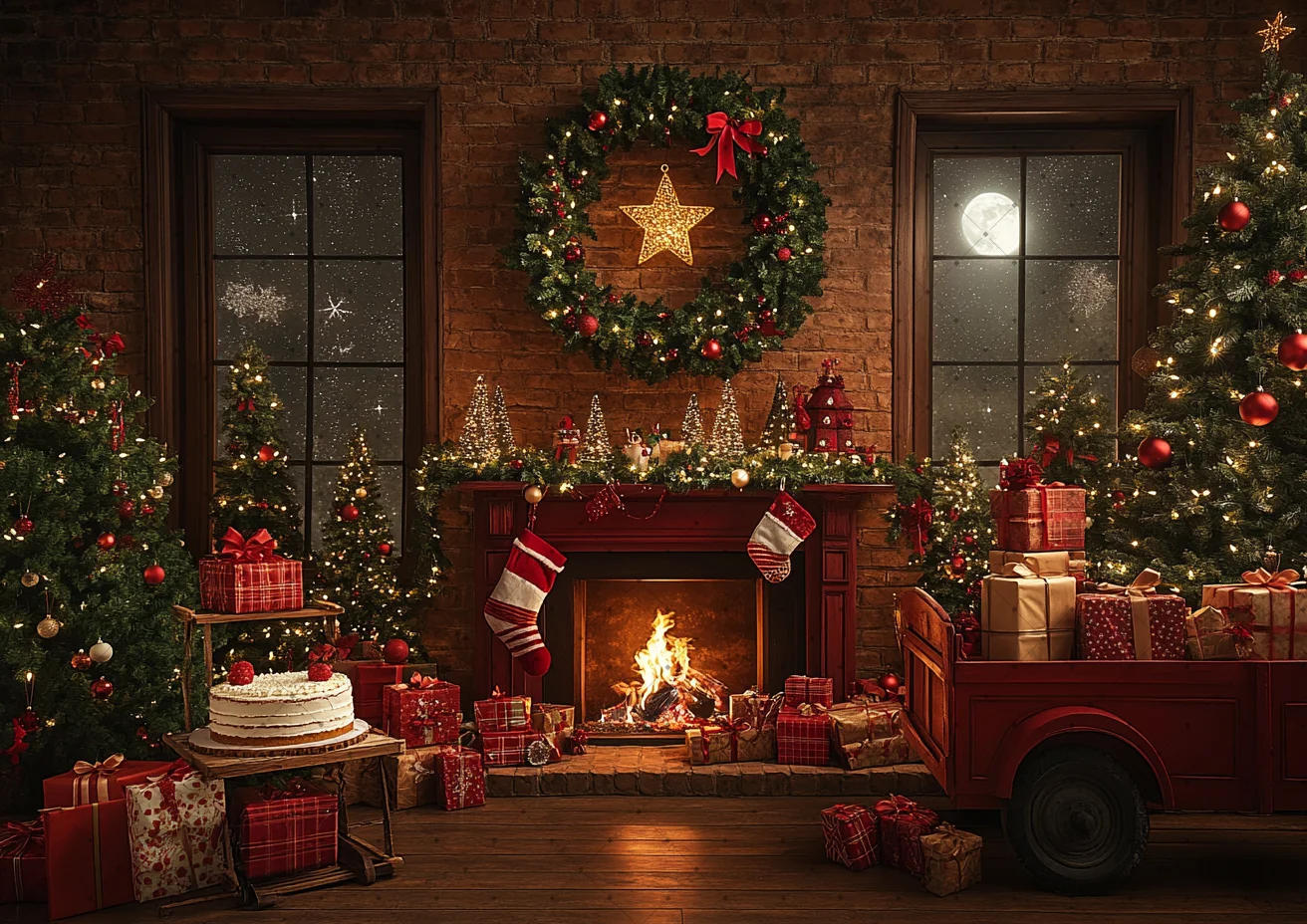 Christmas Brick Fireplace Photo Backdrop Retro Red Truck Xmas Tree Garland Gift Box Winter Studio Portrait Background Cloth