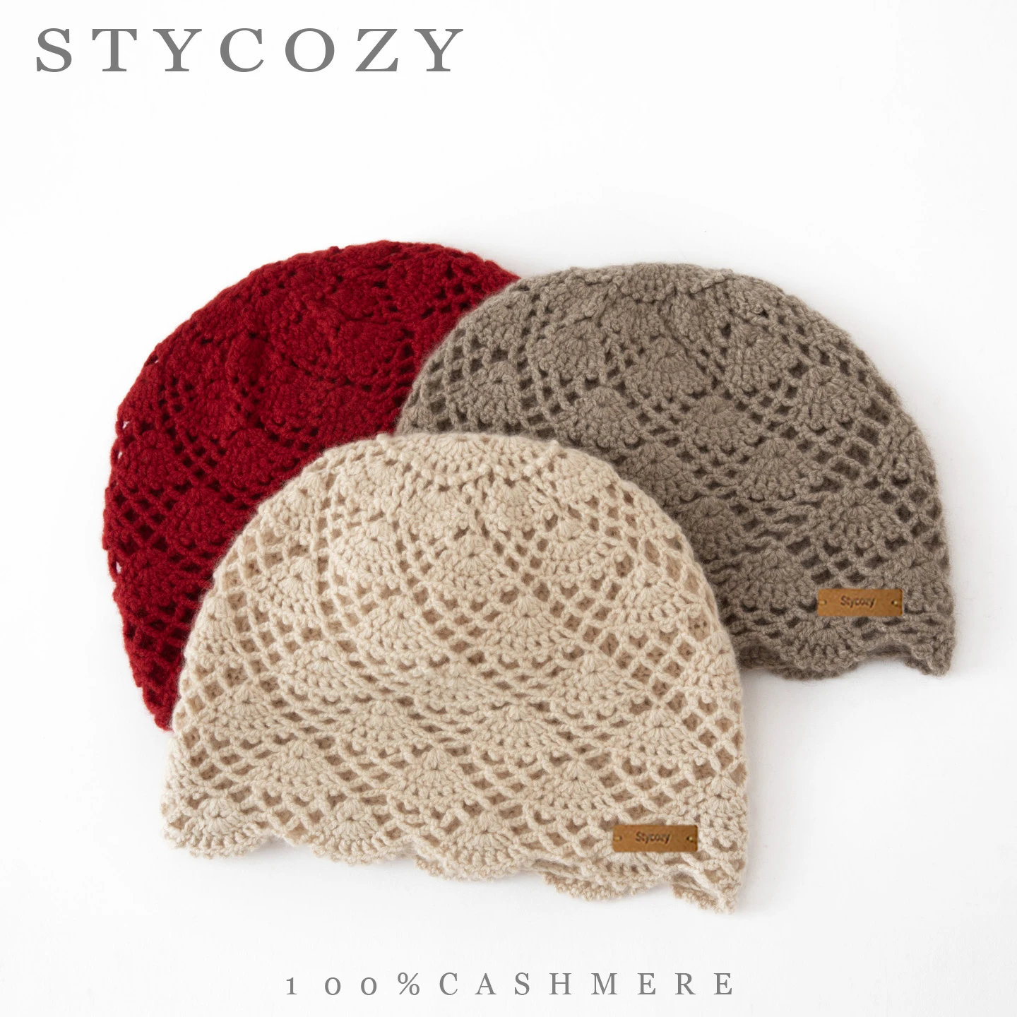 100%Cashmere Hollow Lace Crochet Skullcap Women Boho Scalloped Wavy Edge Knitted Beanie Vintage Solid Lightweight Daily Wear Hat