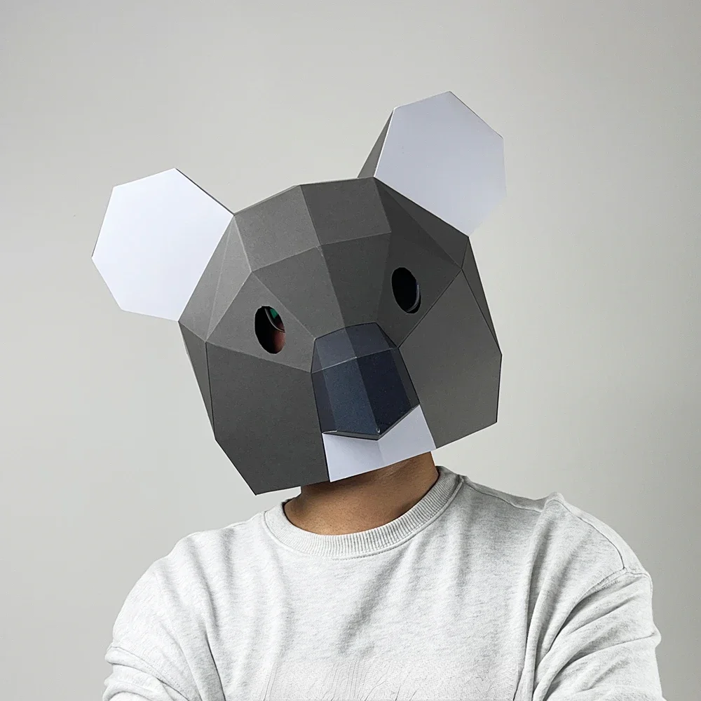 3D Paper Mold Koala Head Mask Headgear Animal Model Halloween Cosplay Props Woman Men Party Role Play Dress Up DIY Craft Masks