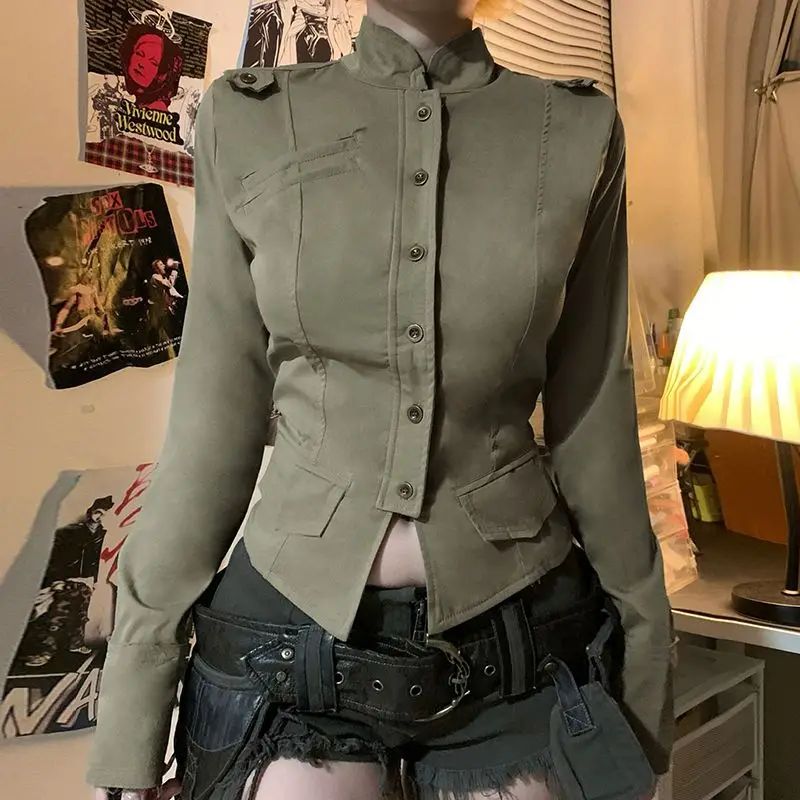 American Retro Metal Button Tooling Jacket Women's Autumn and Winter Stand-up Collar Slim-fitting Spice Girl Top