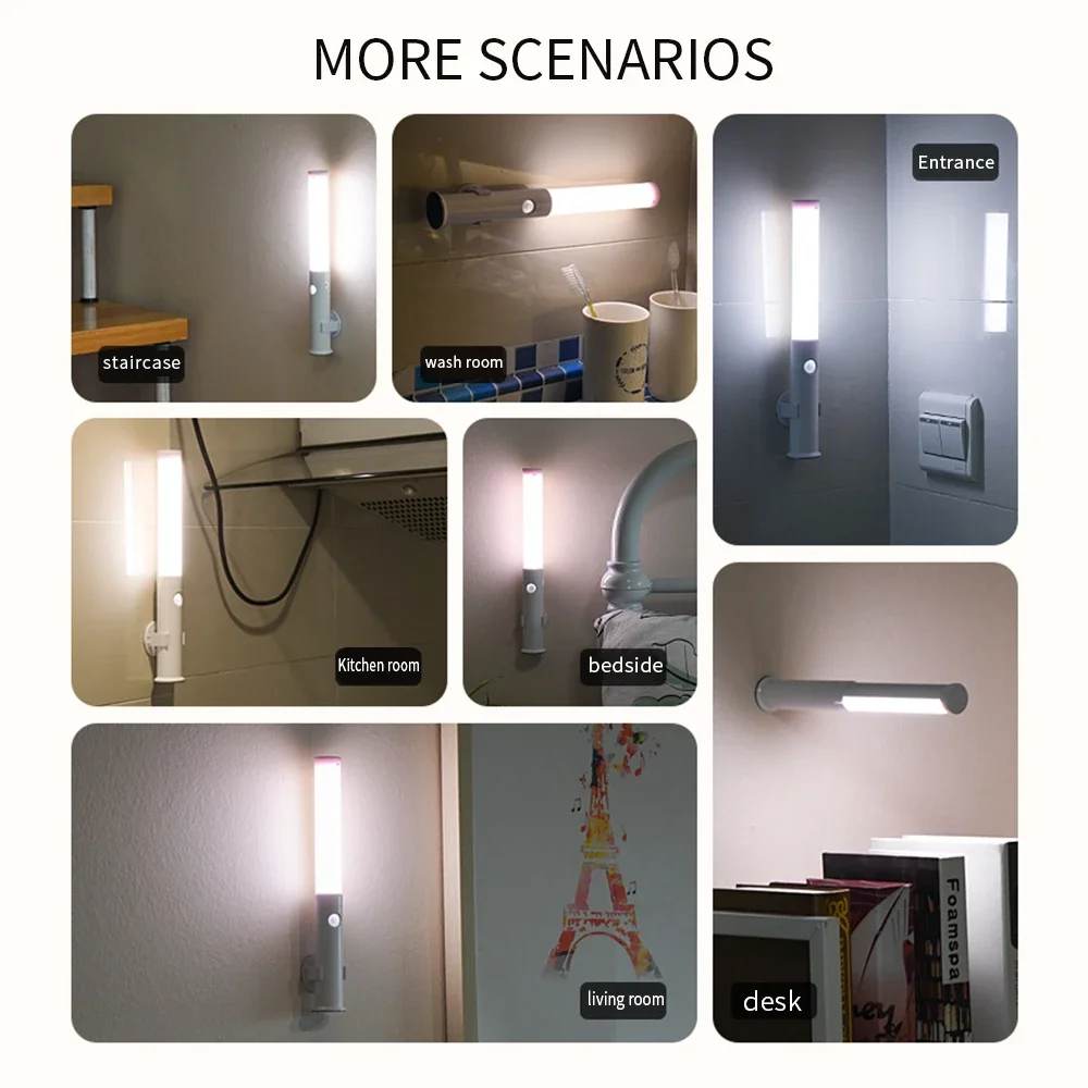 Cordless Hand-Held LED Desk Lamp, 3 cores, carregamento USB, durável, resistente, Auto Movimento, Closet, Roupeiro, Quarto, Cabeceira, 360