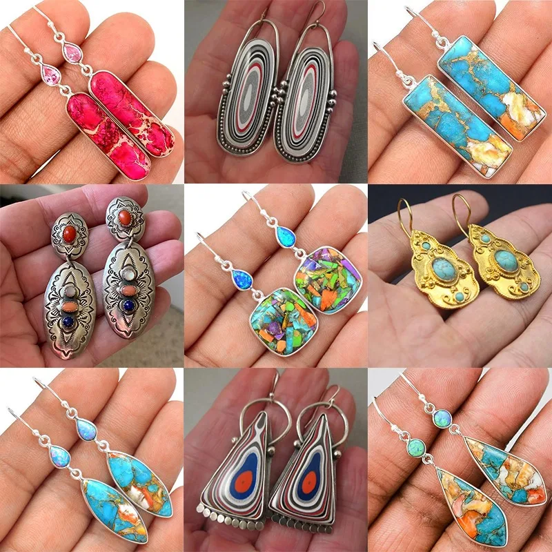 2024 New Vintage Color Stone Drop Earrings for Women Girls Personality Geometric Earrings Party Engagement Jewelry Birthday Gift