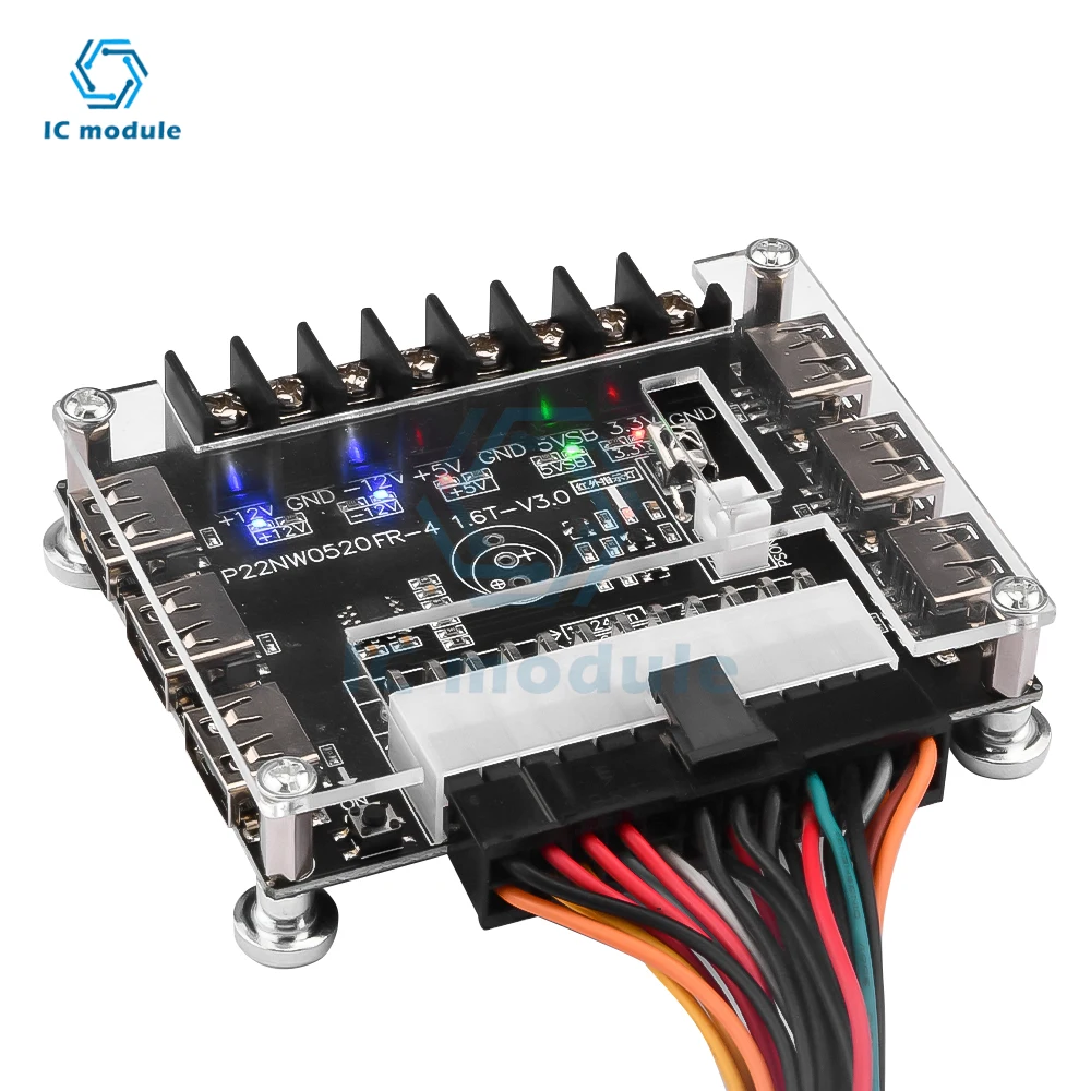 24 Pins ATX Power Supply Breakout Board and Acrylic Case Kit Module Adapter Power Connector Support 3.3V/5V/12V