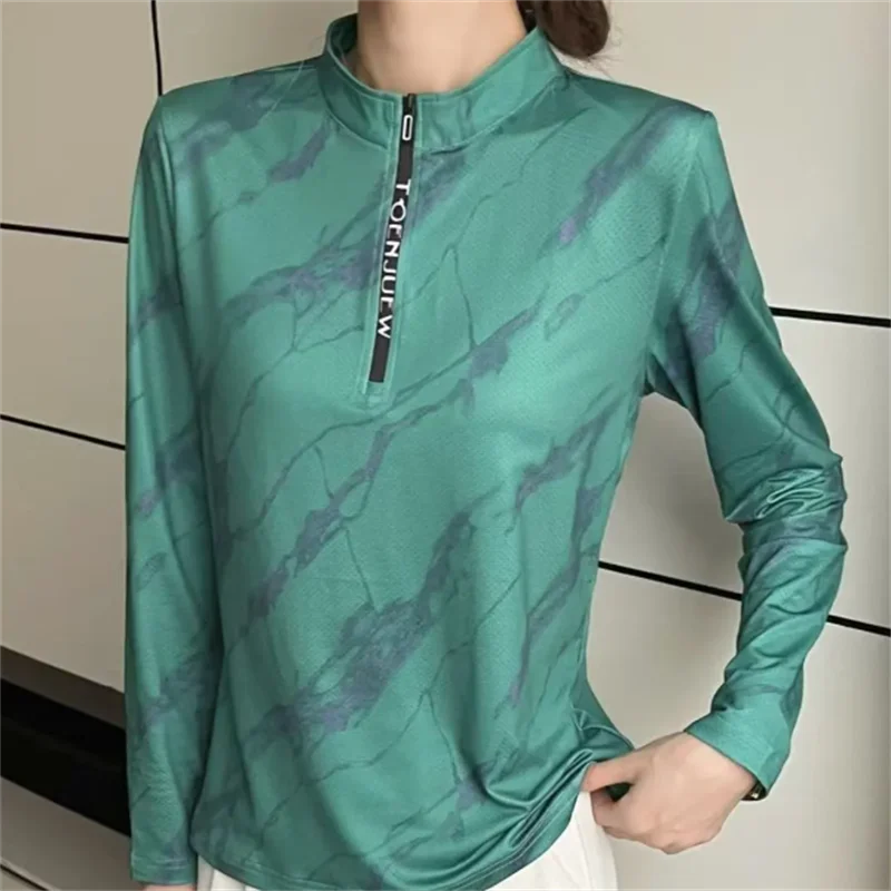 

Printed Tshirt Women Sportswear Tshirt Long-sleeved Quick Drying Clothes Thin Outdoor Fitness T-shirt Stand-up Collar Tee Top