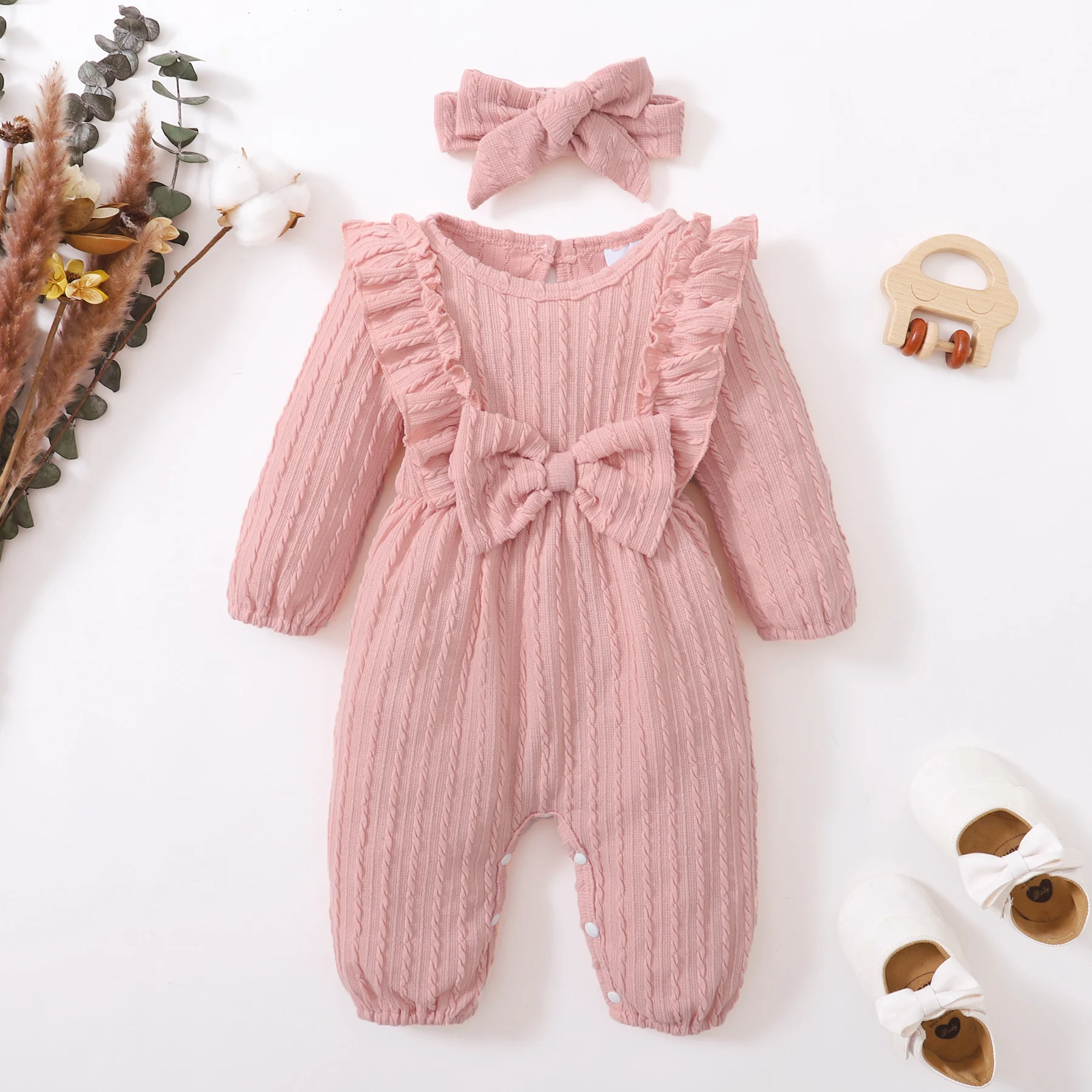 Newborn Bodysuit Round Neck Twisted Stripes Bowbaby+Headband Fashion 2Pcs/Set  0-18 Months Baby Girl Spring And autumn Jumpsuit