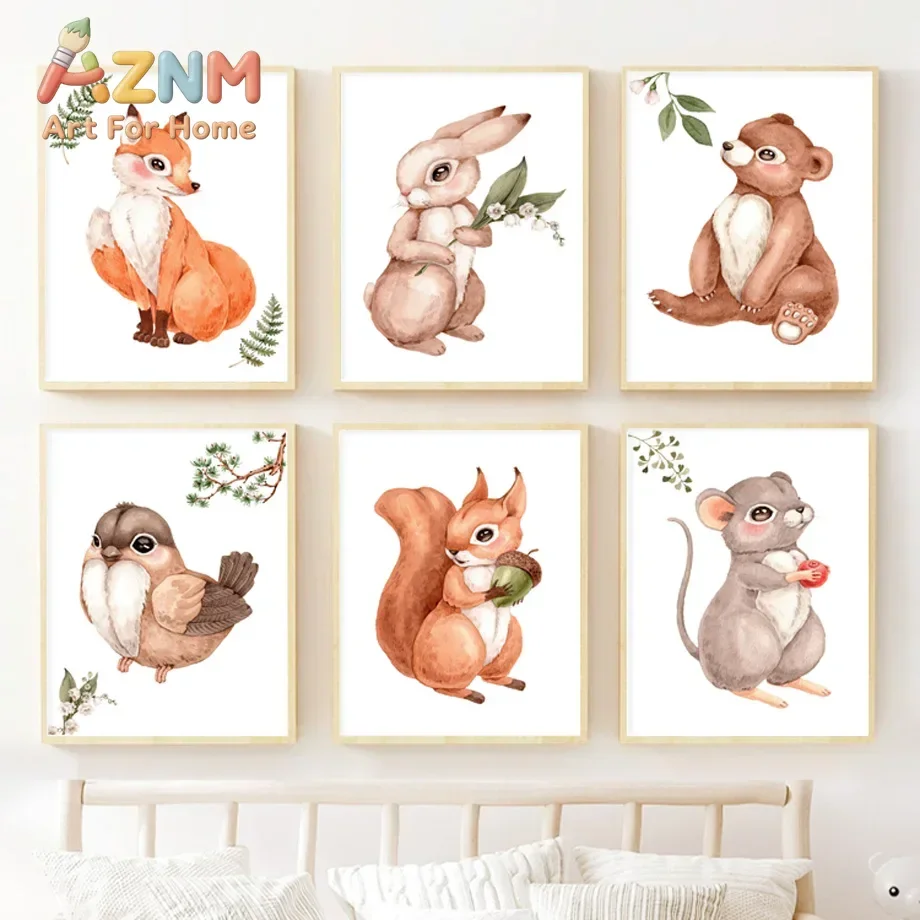 Watercolor Woodland Animal Nursery Wall Art Forest Creature Canvas Prints Cute Fox Bunny Posters Gender Neutral Baby Room Decor