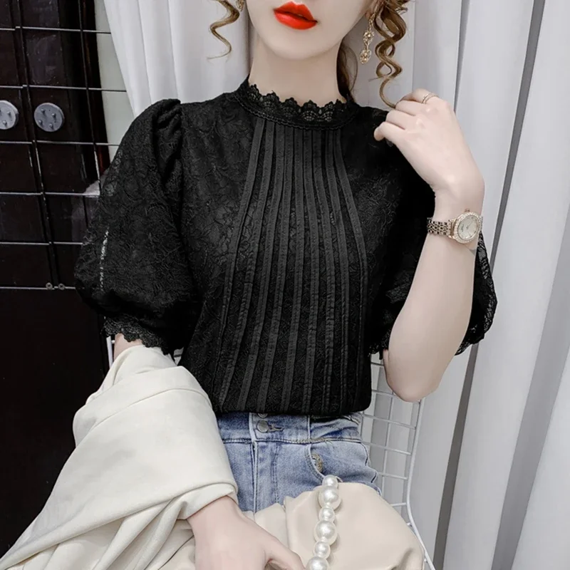 Women Summer Casual Blouses 2024 Elegant Korean Fashion Clothes Lace Shirts White Balck Ladies Vintage Puff Sleeve Tops Mujer