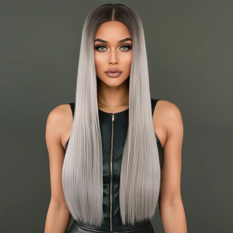 Long straight hair with no bangs, brown silver, natural fashion, cross-border European and American wig-Synthetic fiber wig