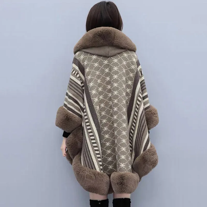 Fashion Soft Faux Rex Rabbit Fur Coat Cape Hooded Jacquard Knit Blends Wool Overcoat Women Winter Loose Cloak Mother Gift