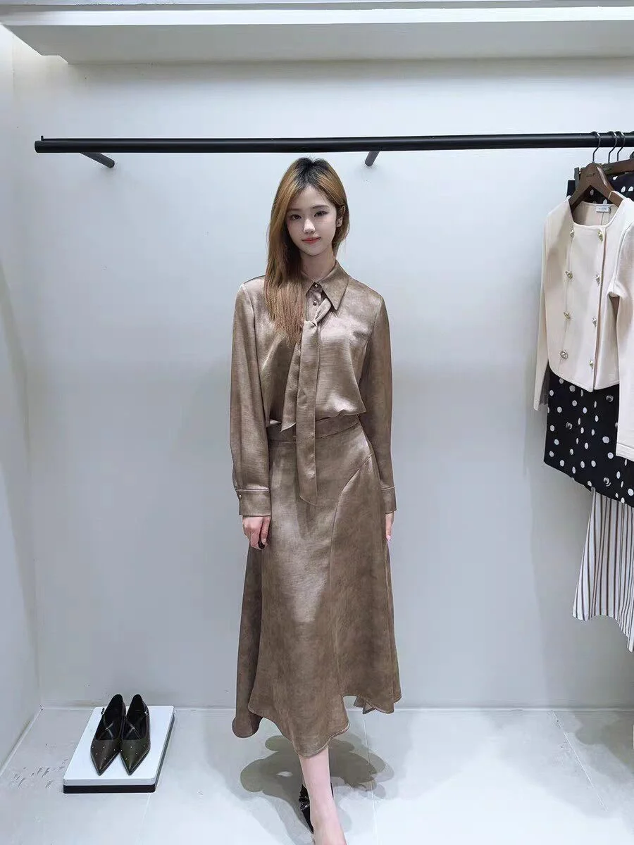 

Elegant Korean Style Commute Wind Shirt Skirt Set with Sash Middle Length High Waist for Younger Adults in Their 20s And 30s