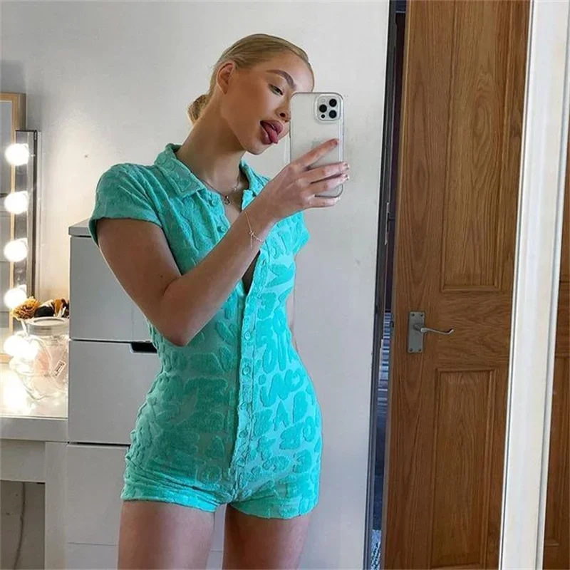 

Women Sexy Y2k Short Sleeve Bodycon Jumpsuit V-Neck Button Short Furry Rompers 1Piece Playsuit Party Bodysuit Casual Sleeepwear