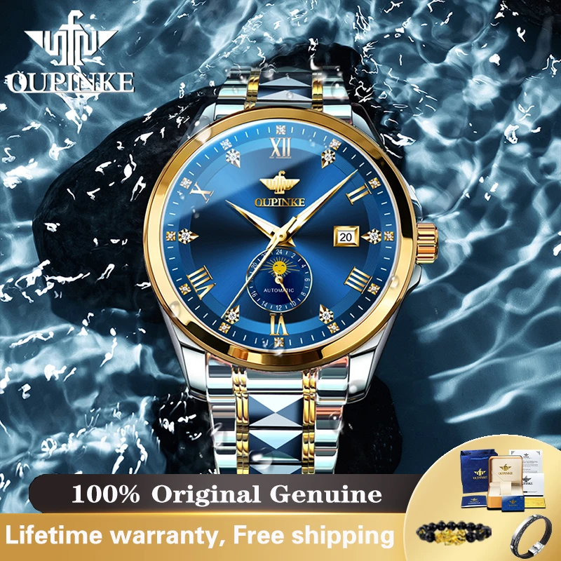 

OUPINKE Top Luxury Original Brand Mens Watch Automatic Mechanical Watch 50M Waterproof Moon Phase Date Watch High Quality Reloj