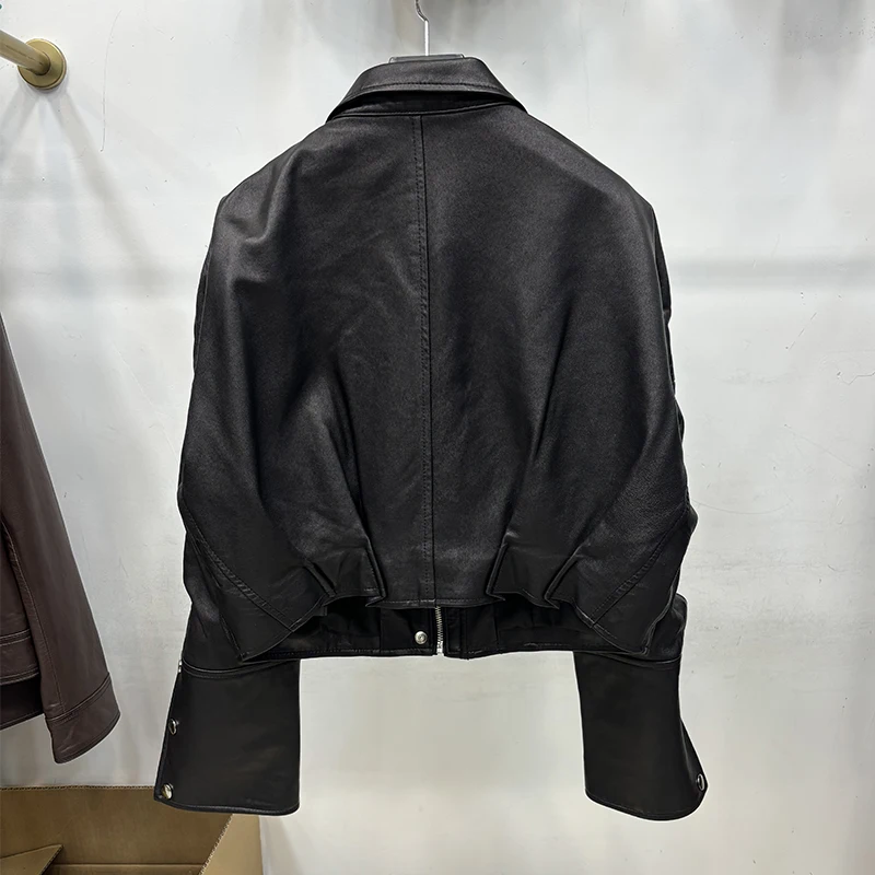 Women Spring Black Genuine Sheepskin Leather New Design Short Jacket Coat Autumn Loose Real Leather Overcoat