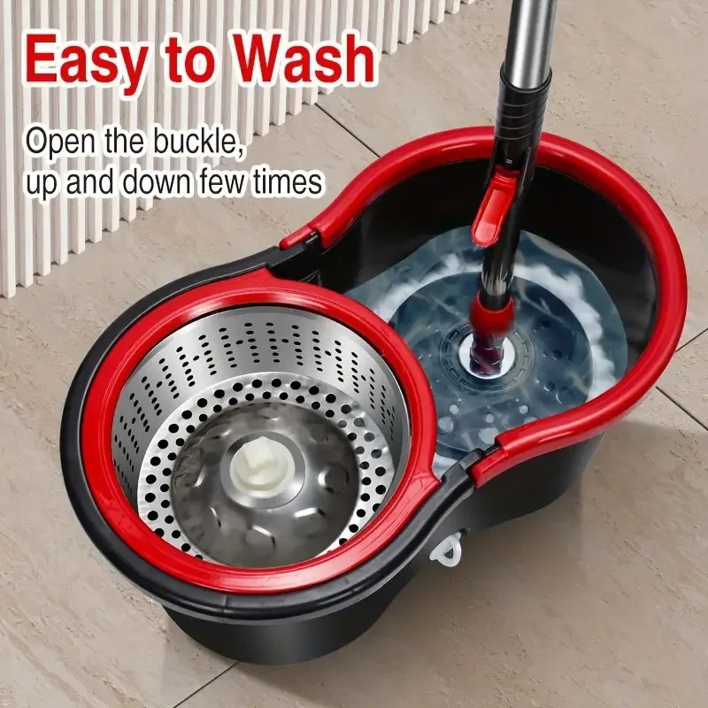 360 ° Juego de fregona giratoria con sistema de escurrido manual de doble accionamiento - Cesta de acero inoxidable, 3 cabezales de microfibra, mango extensible de 61 pulgadas
