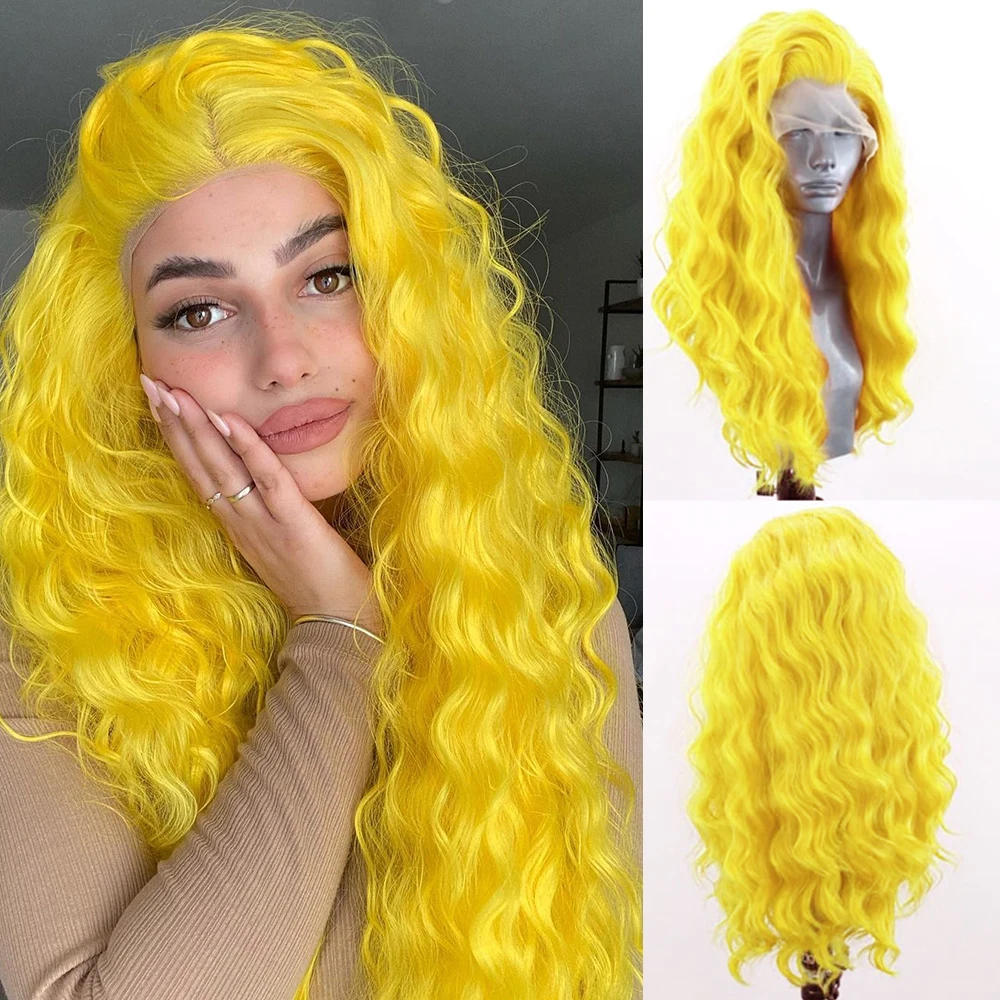 Wig Kuning Fanxisi Wig Sintetis Gelombang Air Panjang Wig Depan Renda Bergelombang untuk Wanita Wig Pesta Kostum Cosplay Rambut Serat Panas