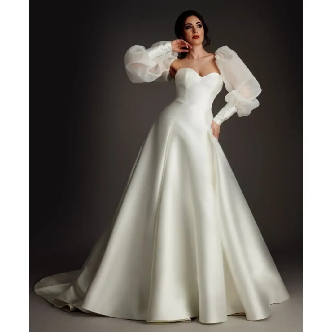 Robe de mariée classique ligne A pour femmes, manches longues, amovible, train, bouton, plage, sexy, licou, mode, chérie, mariée, nouveau