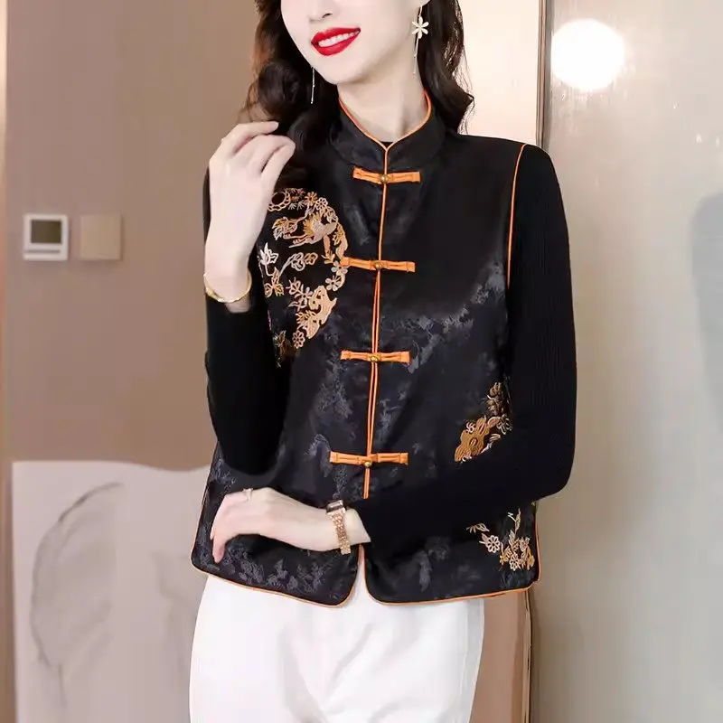 Women Qipao Vest 2024 Spring Autumn Outerwear Short Chinese Style Buckle Embroidery Warmth Quilted Waistcoat Jacket Top Z4896