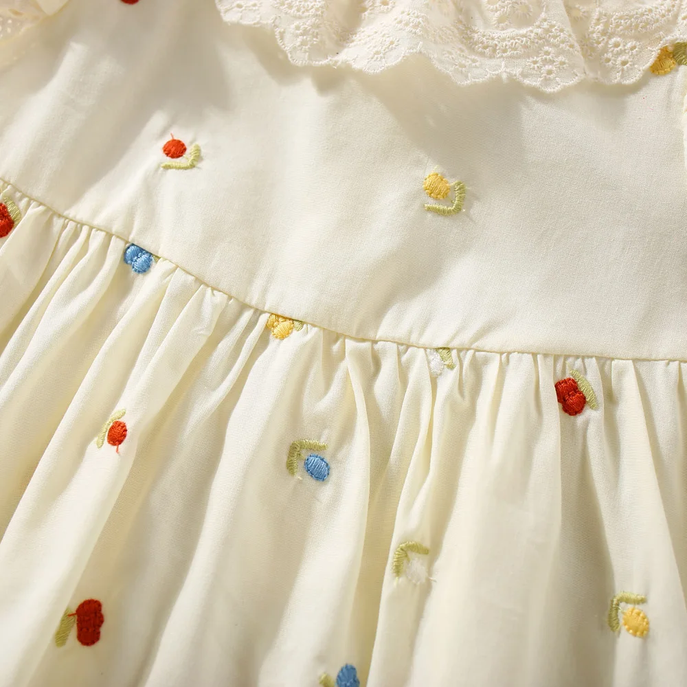 Summer New Baby Girls Dress Lace Crease Round Neck Lace Lace Embroidery Cherry Dress Light Sweet Princess Dress