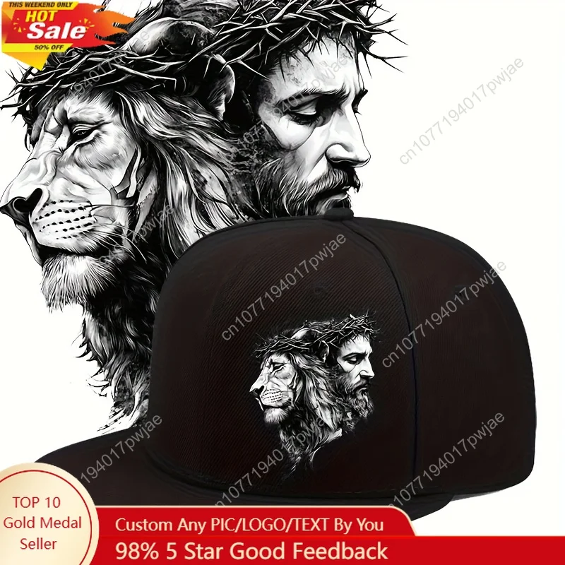 

2D Flat, Jesus wears a crown of thorns on his head, with a lion in the background, and an adjustable city style baseball cap