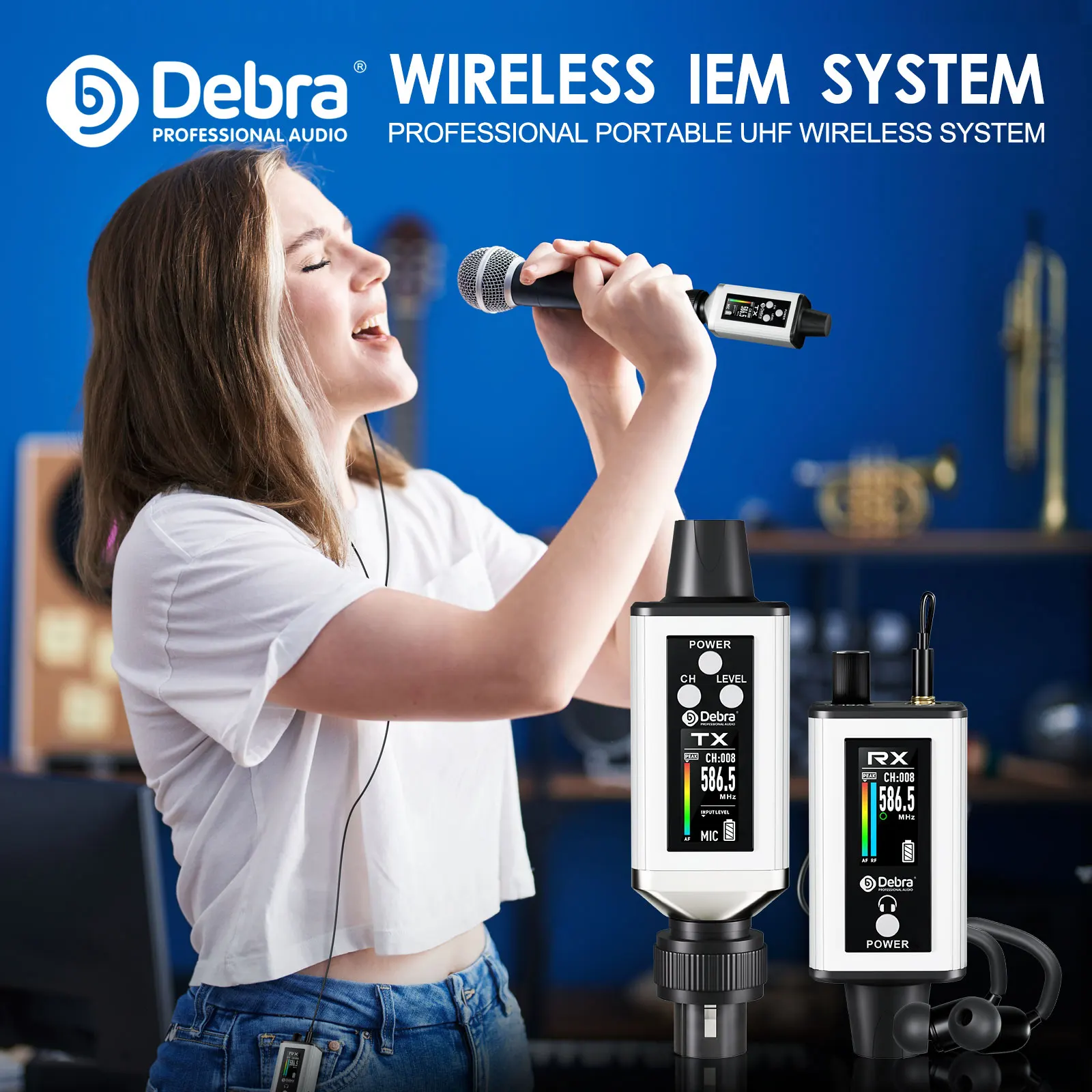 2025 NOVO sistema de monitoramento sem fio Debra Audio UHF IEM Estéreo EMX-1 recarregável com 16 frequências ajustáveis na tela