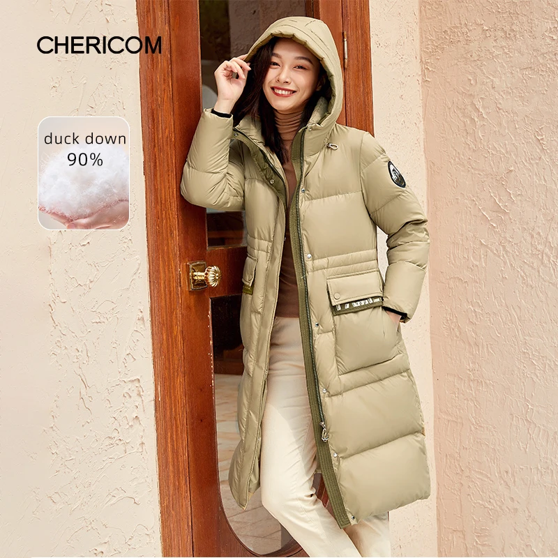 Chericom Women's Winter Down Jacket Hooded Thick Padded Jacket Mid Long Pocket Solid Duck Down Commute Puffer Coats 279170