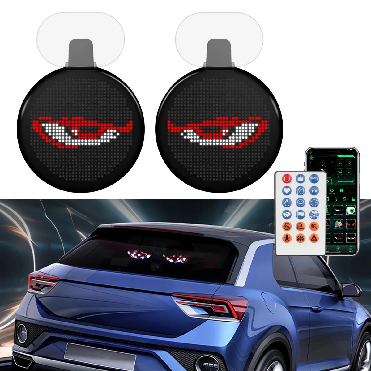 Car LED Interactive Screen Round Devil Eyes LED Sign Smart LED Display APP Remote Control Front Rear Windshield DIY Graffiti